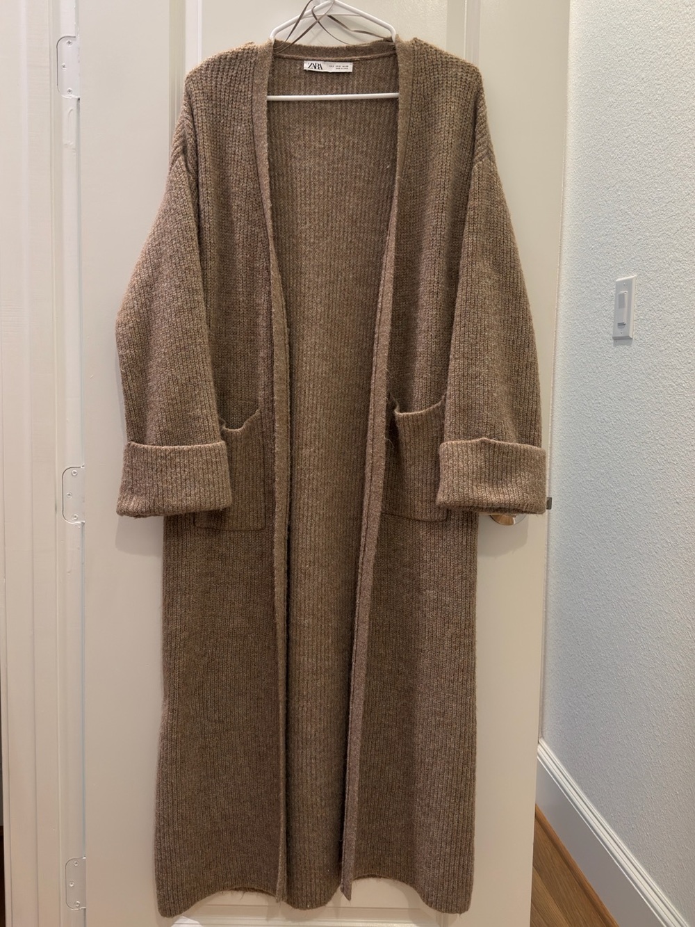 Zara Long Open-Front Cardigan - Beige Brown
